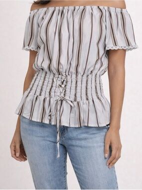 Michel Striped Off-Shoulder Cinched Blouse Size M